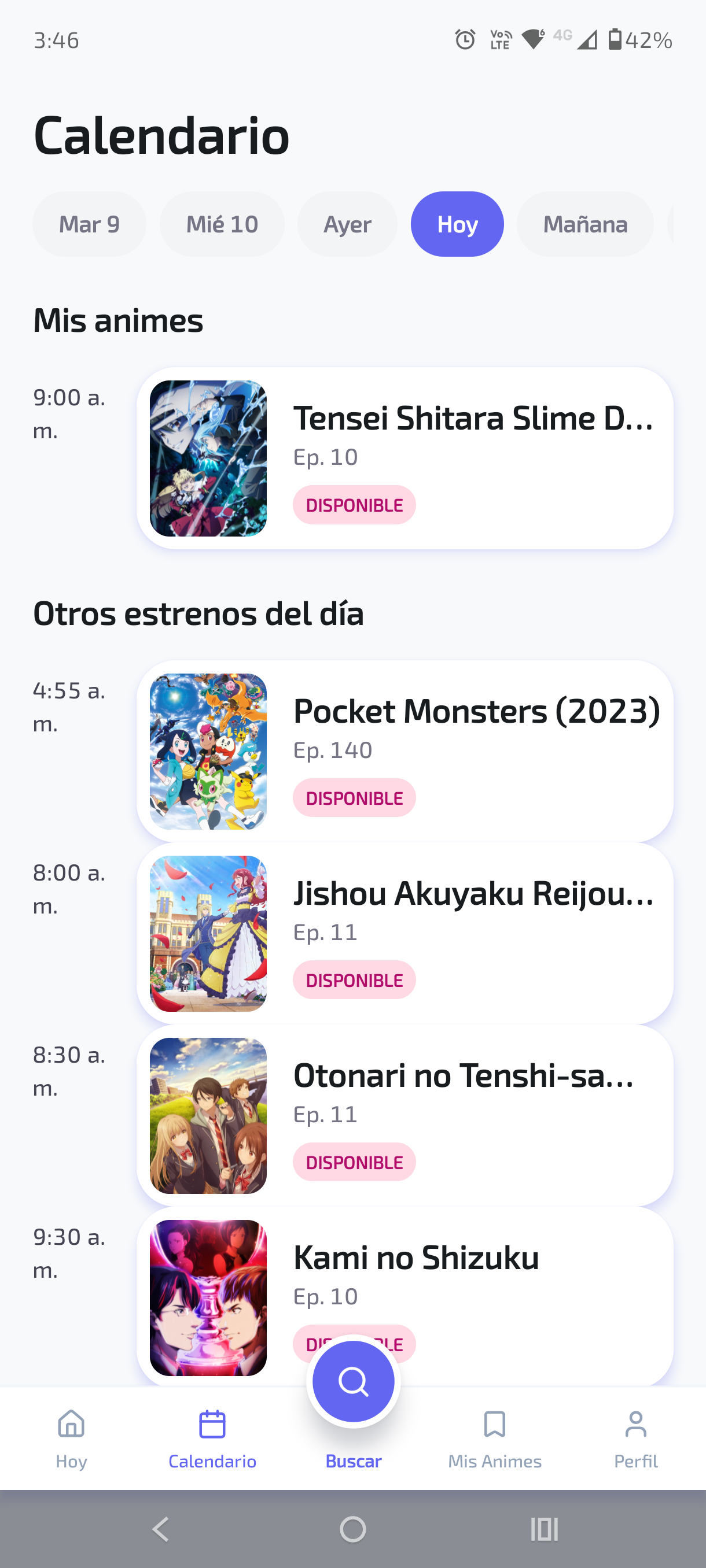 Calendario de anime en AniPing